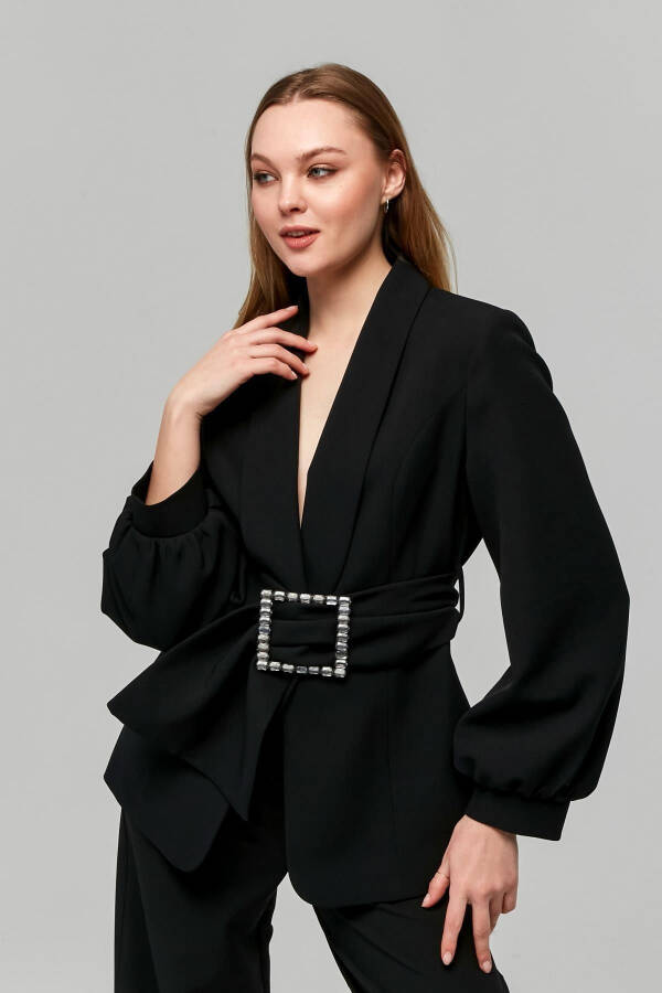 Women's Large Buckle Stone Kimono Jacket BLACK - 17