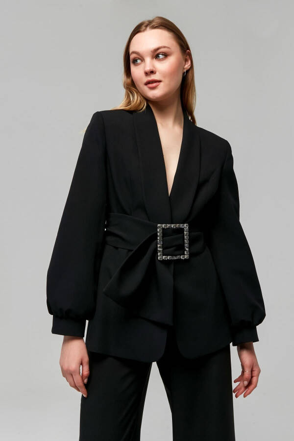 Women's Large Buckle Stone Kimono Jacket BLACK - 7