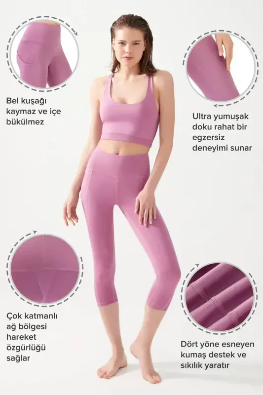 Women's Lavender High Waist Shaping Double Pocket Below Knee Capri Leggings - 2