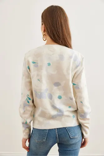 Women's Leaf Ecru Crew Neck Patterned Soft Touch Premium Knit Sweater KZK-19000611-Leaf Ecru - 6
