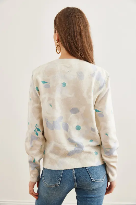 Women's Leaf Ecru Crew Neck Patterned Soft Touch Premium Knit Sweater KZK-19000611-Leaf Ecru - 6