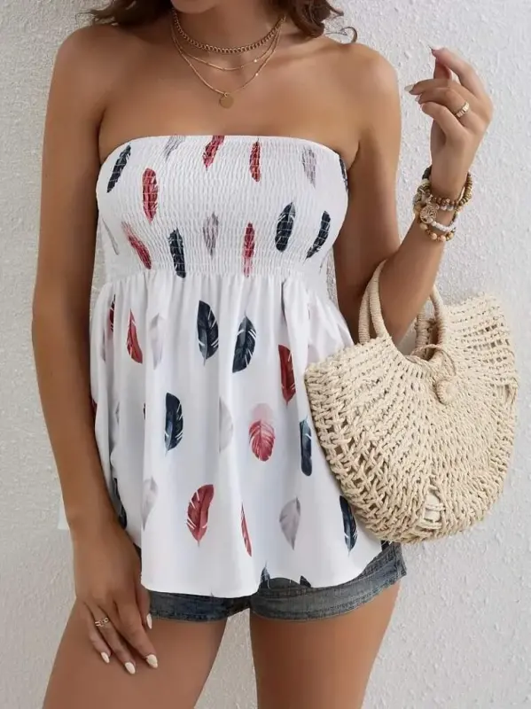 Women's Leaf Patterned Chest Guipure Mosscrepe Strapless Blouse - 5