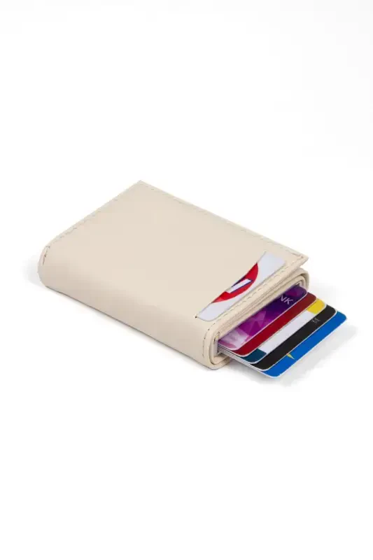 Women's Leather Aluminum Mechanism Sliding Card Wallet, Keychain Gift, Automatic Wallet-Beige - 1