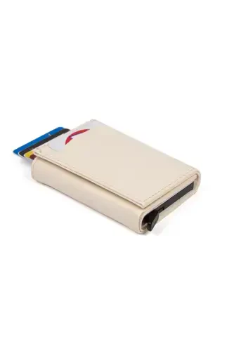 Women's Leather Aluminum Mechanism Sliding Card Wallet, Keychain Gift, Automatic Wallet-Beige - NEWISH (1)