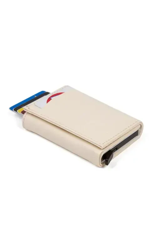 Women's Leather Aluminum Mechanism Sliding Card Wallet, Keychain Gift, Automatic Wallet-Beige - 2