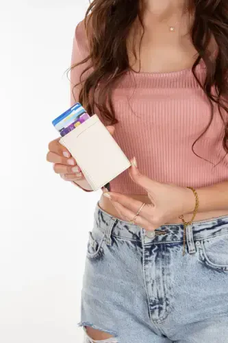 Women's Leather Aluminum Mechanism Sliding Card Wallet, Keychain Gift, Automatic Wallet-Beige - 3