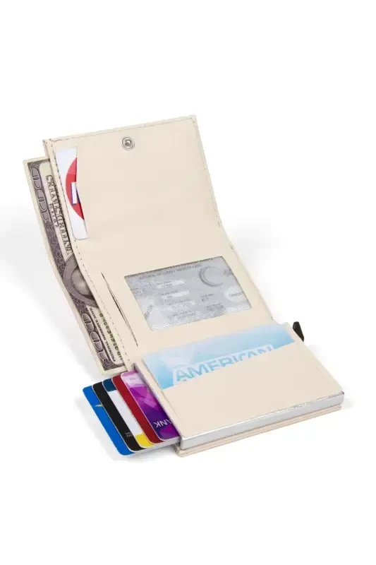Women's Leather Aluminum Mechanism Sliding Card Wallet, Keychain Gift, Automatic Wallet-Beige - 4