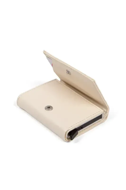 Women's Leather Aluminum Mechanism Sliding Card Wallet, Keychain Gift, Automatic Wallet-Beige - 5