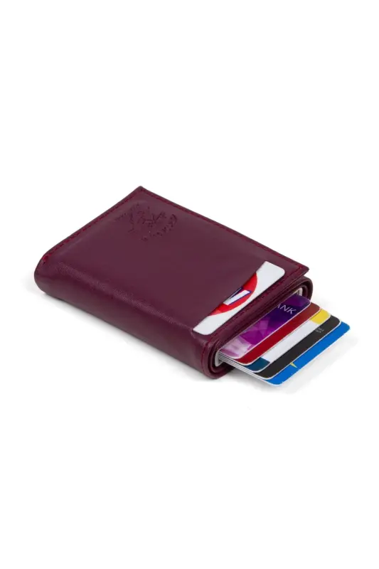 Women's Leather Aluminum Mechanism Sliding Card Wallet, Keychain Gift, Automatic Wallet-Purple - 1