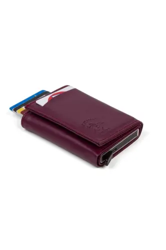 Women's Leather Aluminum Mechanism Sliding Card Wallet, Keychain Gift, Automatic Wallet-Purple - 3