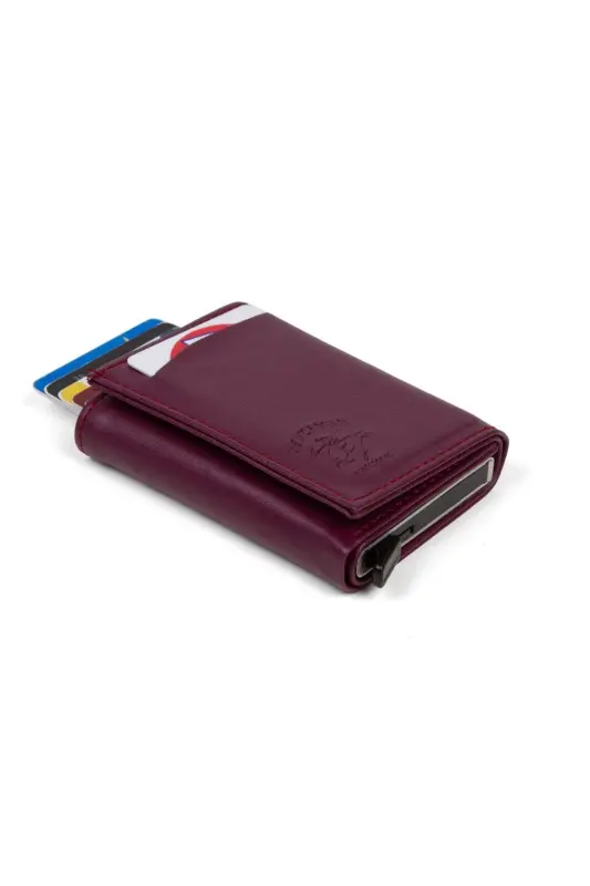 Women's Leather Aluminum Mechanism Sliding Card Wallet, Keychain Gift, Automatic Wallet-Purple - 3