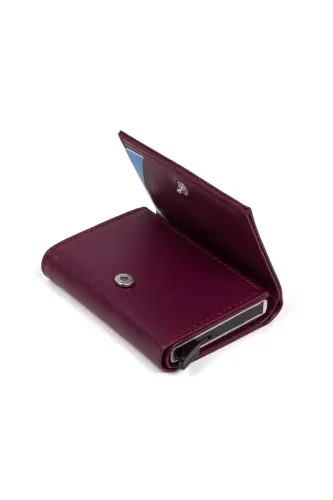 Women's Leather Aluminum Mechanism Sliding Card Wallet, Keychain Gift, Automatic Wallet-Purple - 5