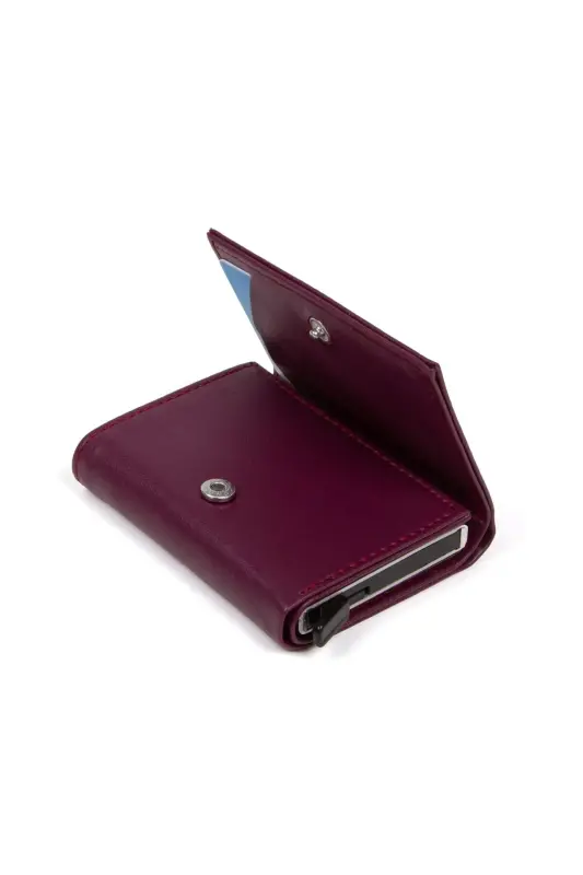 Women's Leather Aluminum Mechanism Sliding Card Wallet, Keychain Gift, Automatic Wallet-Purple - 5