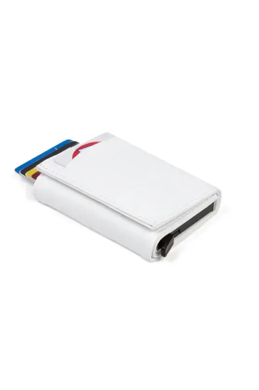 Women's Leather Aluminum Mechanism Sliding Card Wallet, Keychain Gift, Automatic Wallet-White - 2