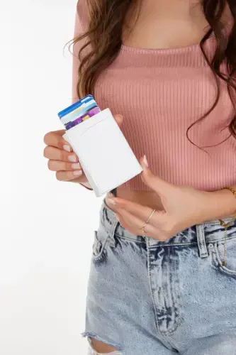 Women's Leather Aluminum Mechanism Sliding Card Wallet, Keychain Gift, Automatic Wallet-White - 3