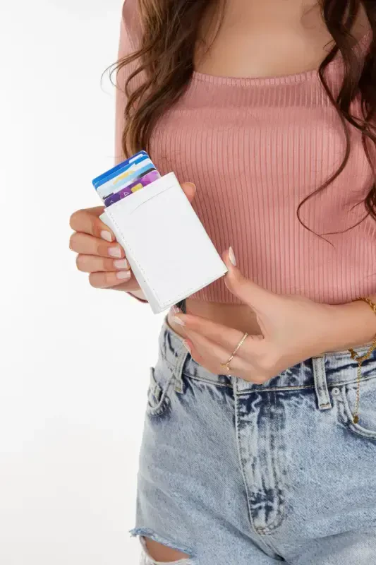 Women's Leather Aluminum Mechanism Sliding Card Wallet, Keychain Gift, Automatic Wallet-White - 3
