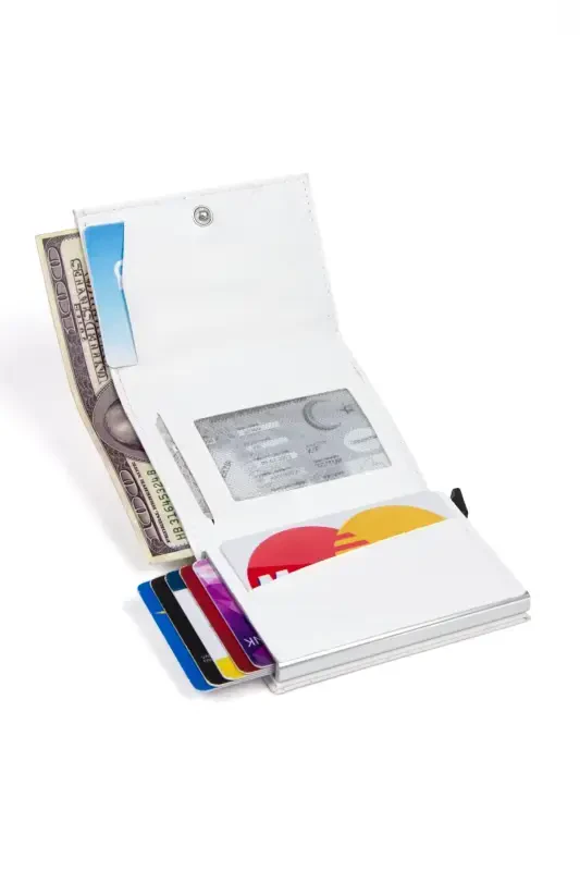 Women's Leather Aluminum Mechanism Sliding Card Wallet, Keychain Gift, Automatic Wallet-White - 4