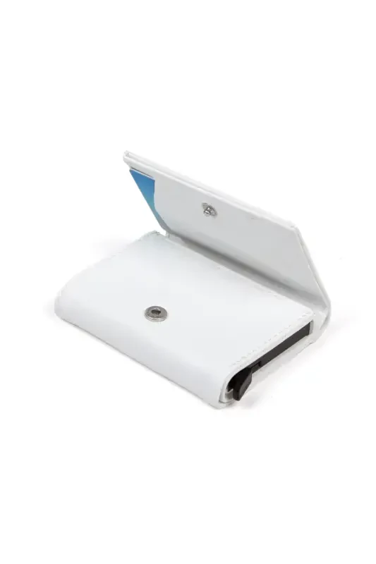 Women's Leather Aluminum Mechanism Sliding Card Wallet, Keychain Gift, Automatic Wallet-White - 5