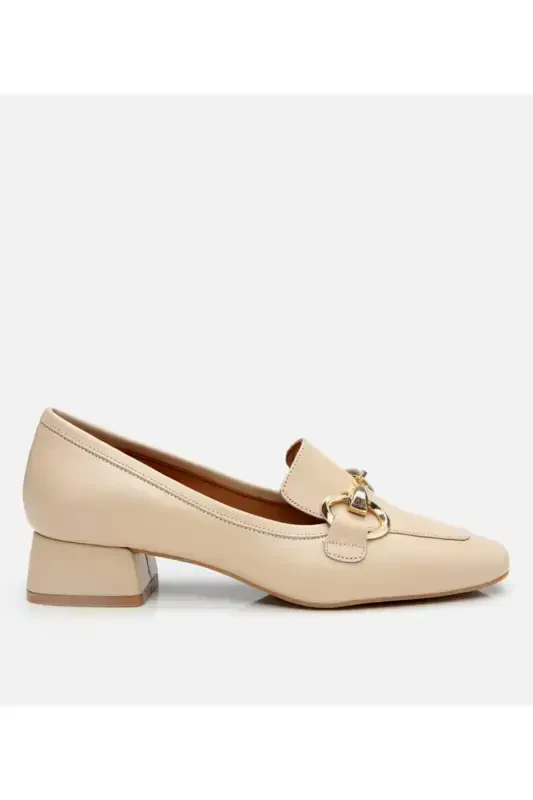 Women's Leather Beige Buckled Chunky Heeled Loafer - Hotiç
