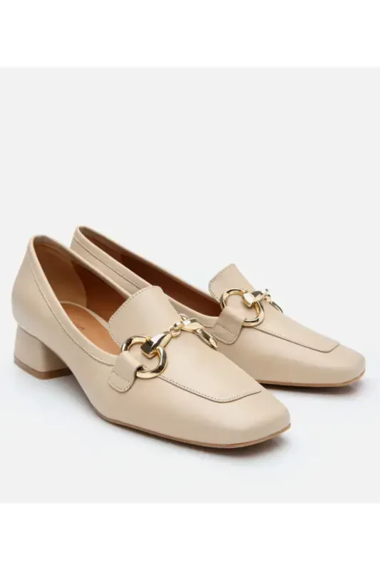 Women's Leather Beige Buckled Chunky Heeled Loafer - 2