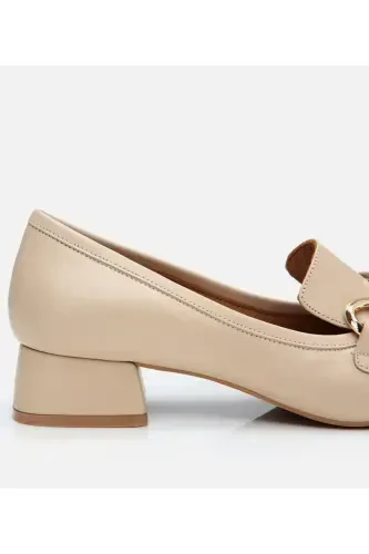Women's Leather Beige Buckled Chunky Heeled Loafer - 3