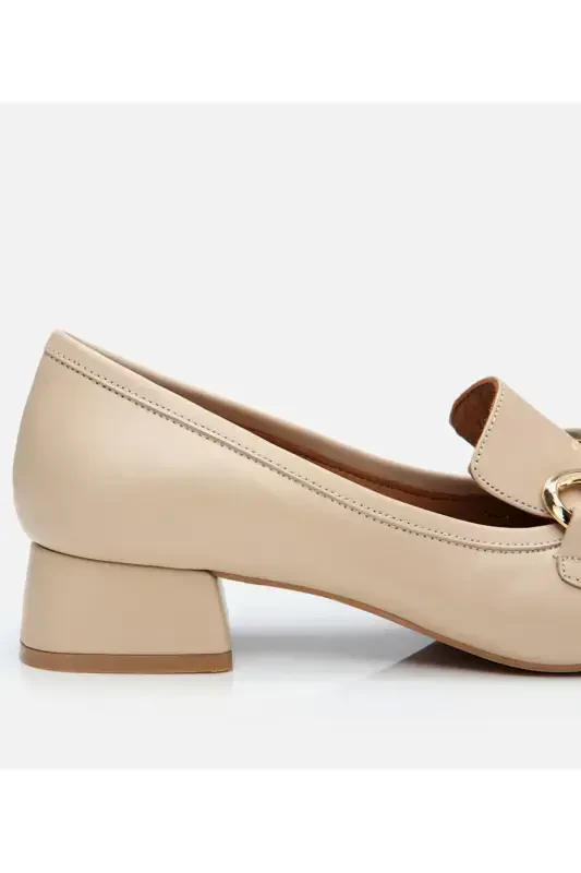 Women's Leather Beige Buckled Chunky Heeled Loafer - 3