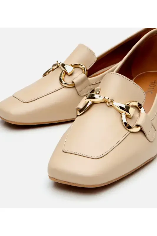 Women's Leather Beige Buckled Chunky Heeled Loafer - 4