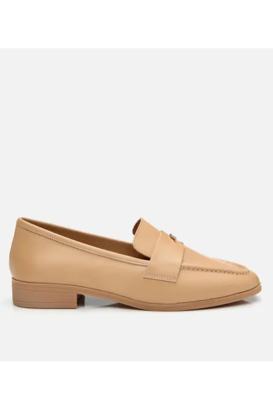 Women's Leather Beige Loafer with Logo Detail - 1