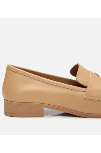Women's Leather Beige Loafer with Logo Detail - 3