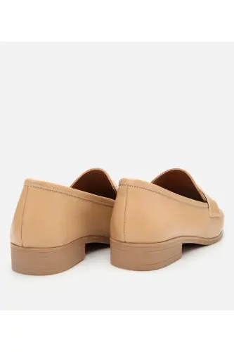 Women's Leather Beige Loafer with Logo Detail - 6