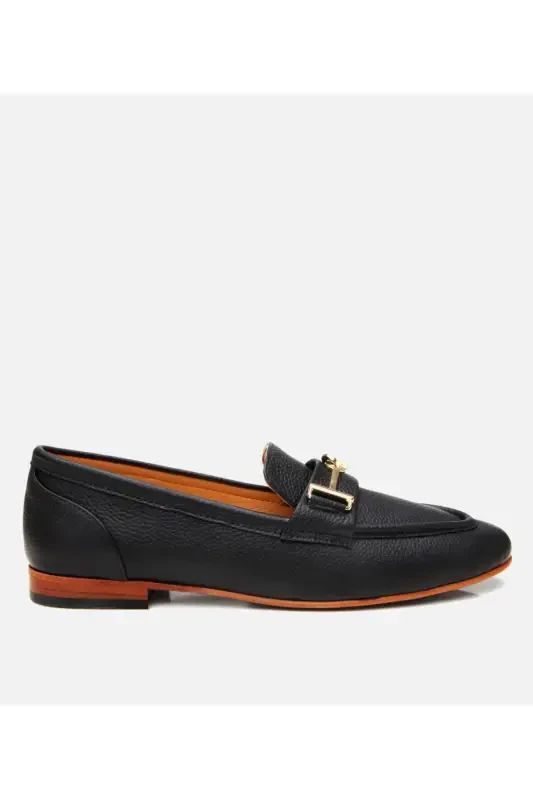 Women's Leather Black Buckled Classic Loafer-BLACK - HOTIÇ