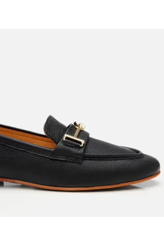 Women's Leather Black Buckled Classic Loafer-BLACK - 6