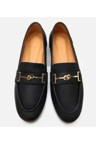 Women's Leather Black Buckled Classic Loafer-BLACK - 8