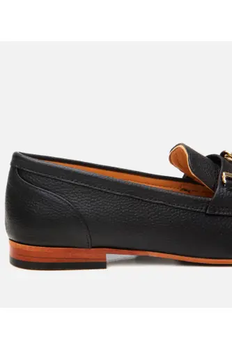 Women's Leather Black Buckled Classic Loafer-BLACK - 4