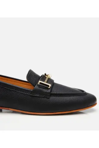 Women's Leather Black Buckled Classic Loafer-BLACK - 6