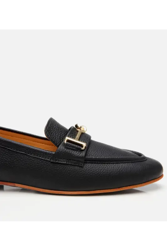 Women's Leather Black Buckled Classic Loafer-BLACK - 6