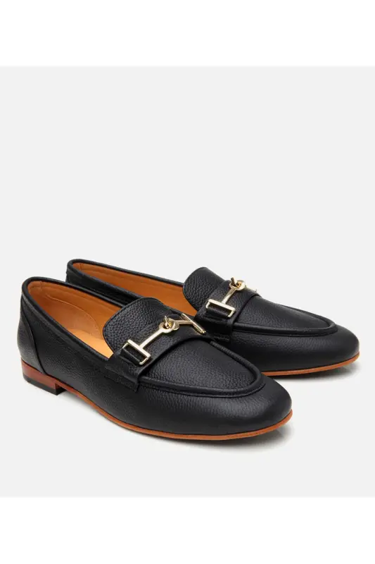 Women's Leather Black Buckled Classic Loafer-BLACK - 2