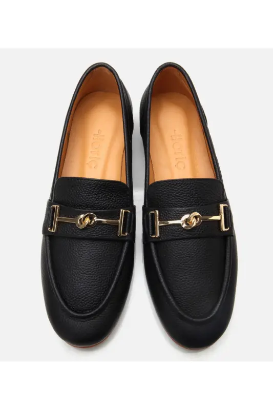 Women's Leather Black Buckled Classic Loafer-BLACK - 8