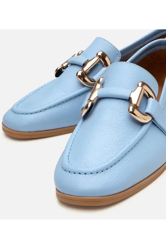 Women's Leather Blue Buckle Daily Loafer-BLUE - 3