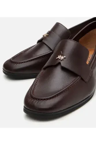 Women's Leather Brown Loafer with Logo Detail - BROWN - 3