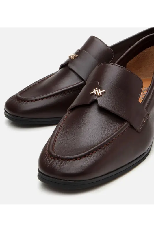 Women's Leather Brown Loafer with Logo Detail - BROWN - 3