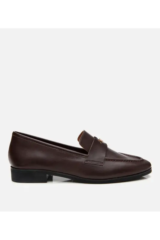 Women's Leather Brown Loafer with Logo Detail - BROWN - HOTIÇ