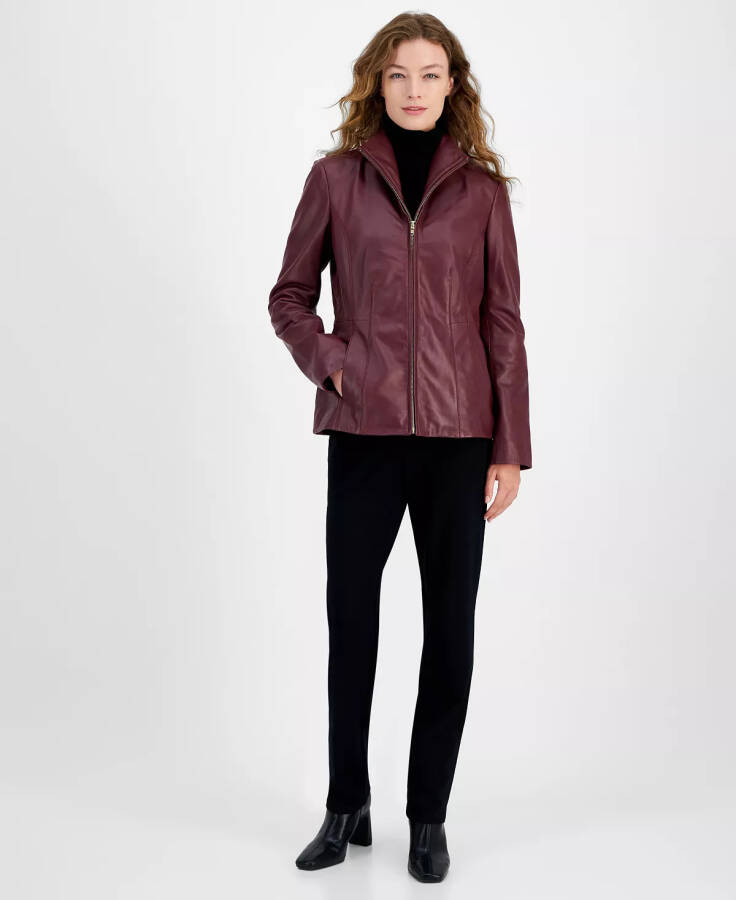 Womens Leather Coat Burgundy - 1