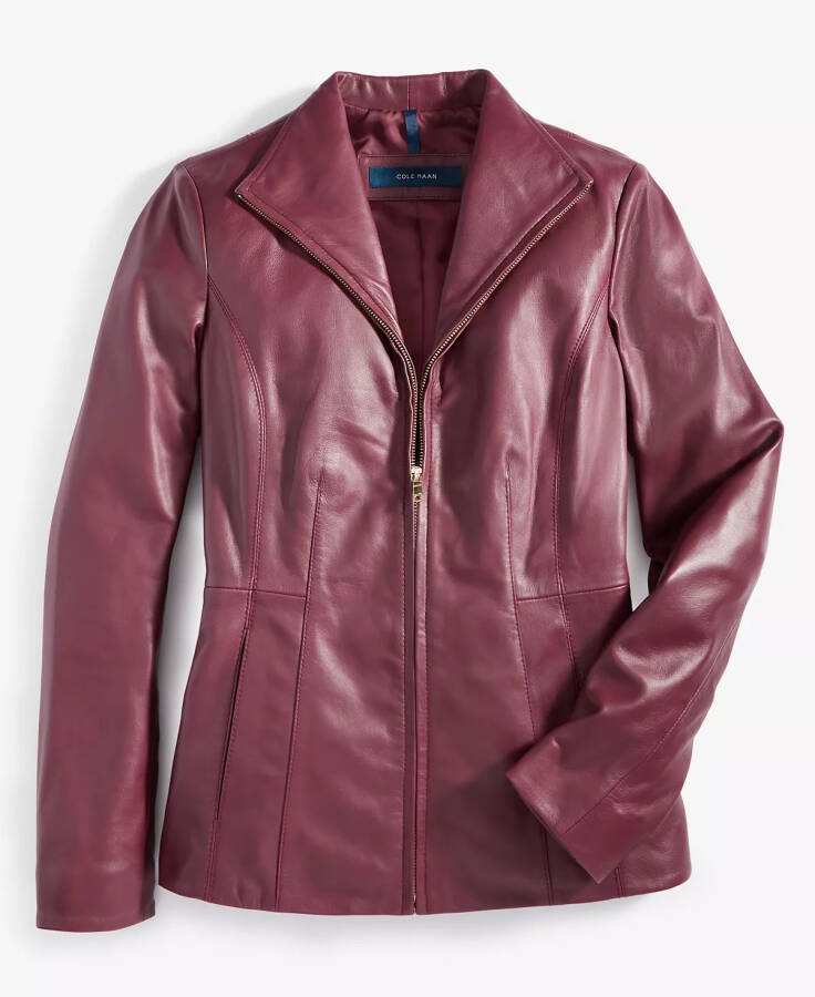 Womens Leather Coat Burgundy - 2