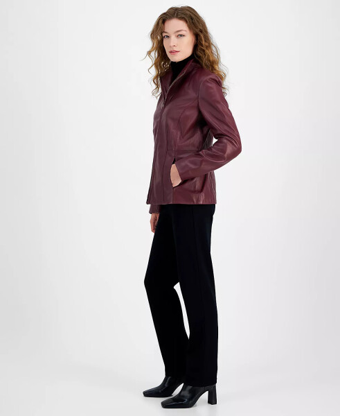 Womens Leather Coat Burgundy - 3