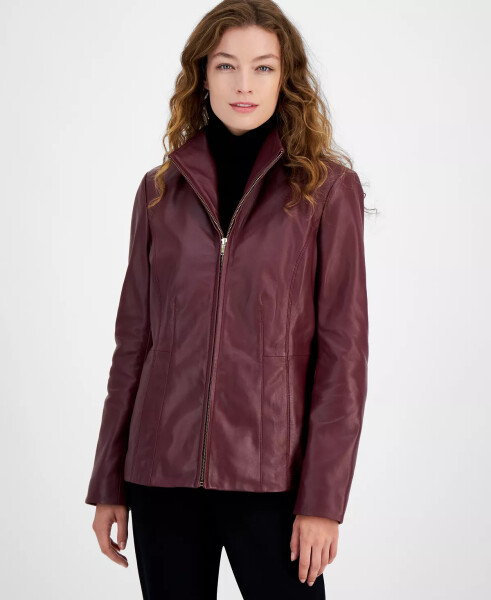 Womens Leather Coat Burgundy - 5