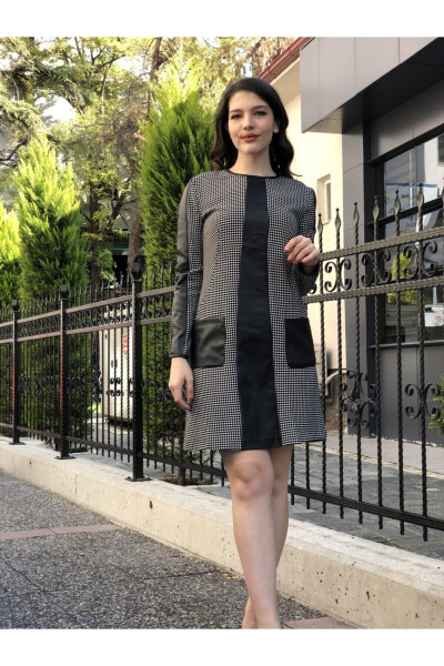 Women's Leather Detailed Polka Dot Dress - 3