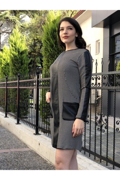 Women's Leather Detailed Polka Dot Dress - 4