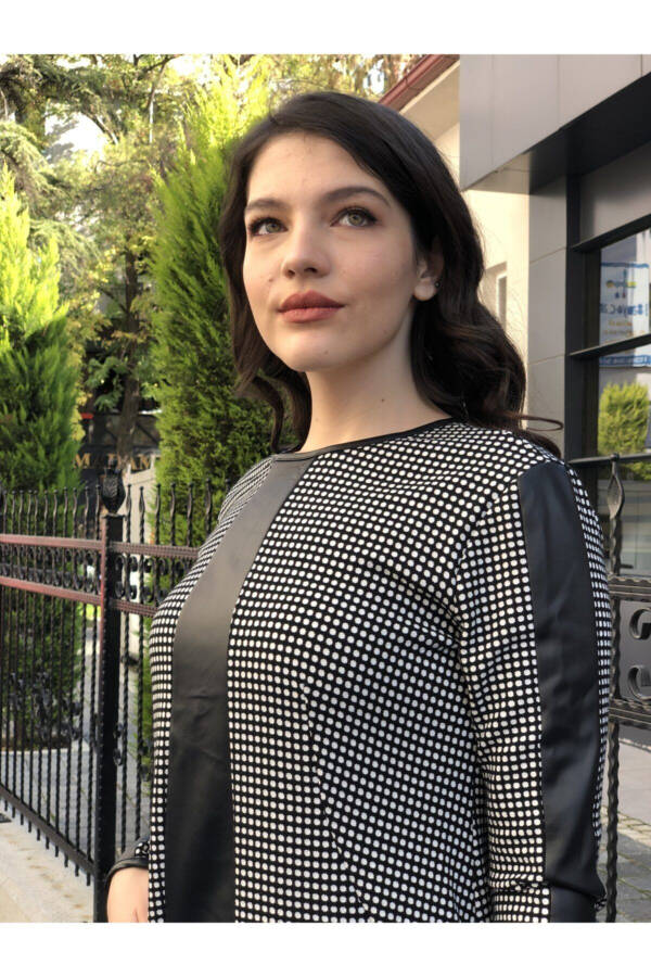 Women's Leather Detailed Polka Dot Dress - 5