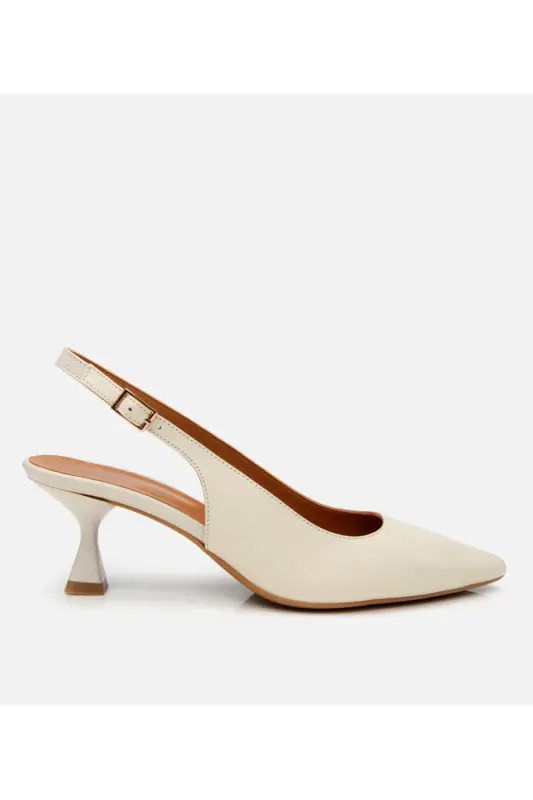 Women's Leather Ecru Backless Heeled Shoes - 1